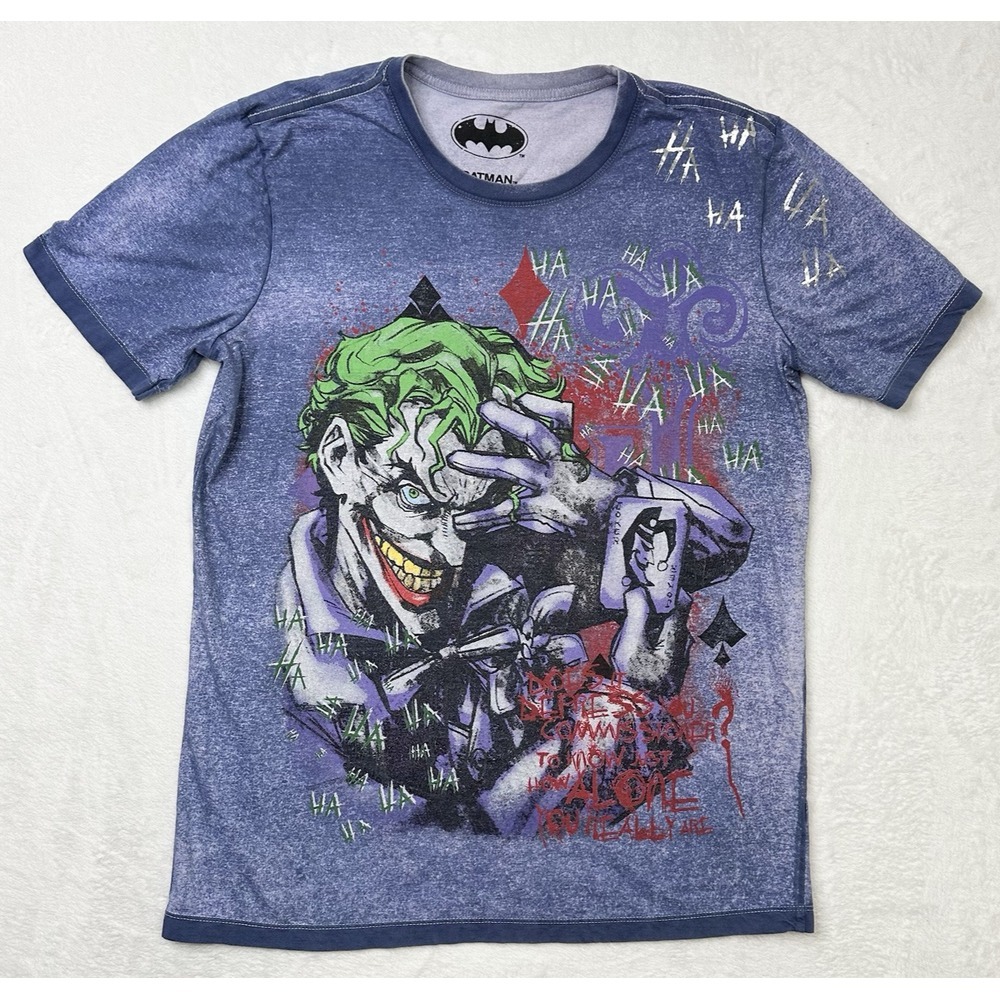 Batman JOKER Shirt Mens Large Blue‎ Comic Graphic AOP DC Comics Villian